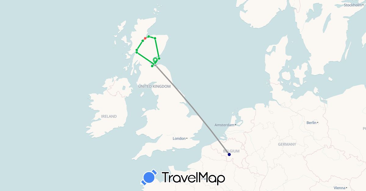 TravelMap itinerary: driving, bus, plane, hiking in Belgium, United Kingdom (Europe)